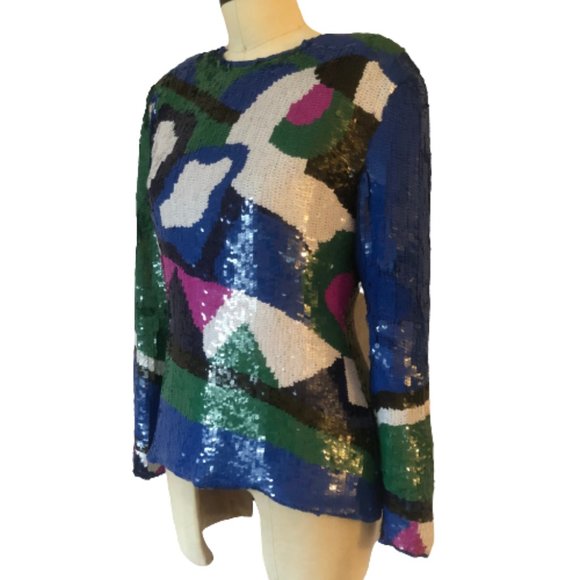 RARE Vintage Modern Abstract Artsy 100% Silk All Over Sequined Top Art to Wear - Picture 3 of 16
